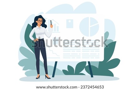 Flat vector illustration. Girl standing in front of a large banner and giving a presentation.