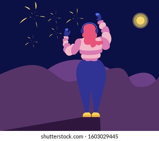 Flat vector illustration. The Girl Staying Under The Moon And Watch How People Celebrate New Year