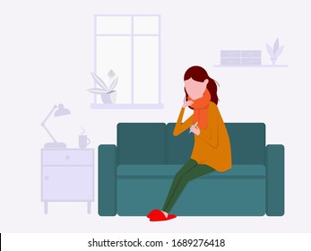 Flat vector illustration: girl with symptoms of coronavirus on the couch. Girl with a thermometer.