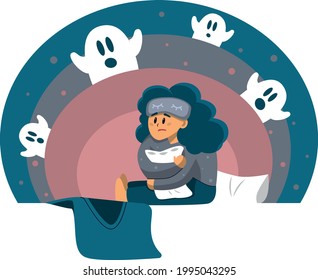 Flat vector illustration of a girl tormented by nightmares. Illustration with ghosts that attack a girl