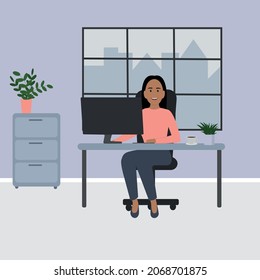 Ilustración vectorial plana. Niña trabajando en la oficina de la computadora

