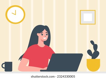 Flat vector illustration. A girl working at home at her laptop. Favorite job, happy girl. Concept of remote work, freelance, quarantine, maternity work 