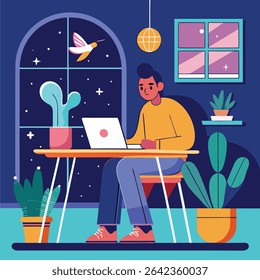 Flat vector illustration of a girl working at night near a window with indoor plants and a hummingbird. Perfect for cozy, creative, and nighttime work themes.
