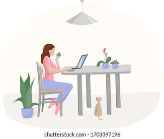 Flat vector illustration. The girl works at home, freelance, quarantine, remote work, self-isolation.