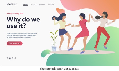 Flat vector illustration of girls dancing together at home. Pyjamas, music, leisure. Home party concept for banner, website design or landing web page