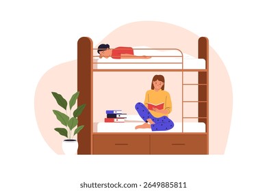 Flat Vector Illustration of Girls Living in a Dorm Room with Bunk Bed. Illustrations for websites, landing pages, mobile apps, posters and banners