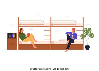 Flat Vector Illustration of Girls Relaxing in Shared Dorm Room with Bunk Beds. Illustrations for websites, landing pages, mobile apps, posters and banners