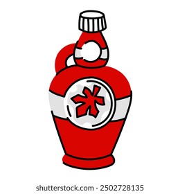 Flat vector illustration of a glass bottle with maple syrup. The red bottle has a classic shape with a handle, a twist-up lid and a label with a red maple leaf on it. An isolated object on white