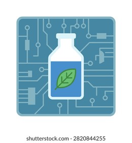 Flat vector illustration of a glass bottle with a green leaf inside, overlaid on a blue circuit board background representing biotechnology.