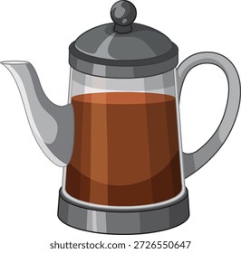 Una Ilustración vectorial plana de una cafetera de vidrio llena de líquido marrón oscuro
