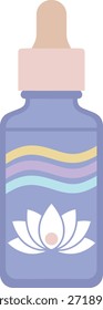 Ilustración vectorial plana de una botella de gotero de vidrio con una flor de loto y ondas pastel. Perfecto para la marca de cuidado de la piel orgánica, spa, bienestar y diseño de productos de belleza.
