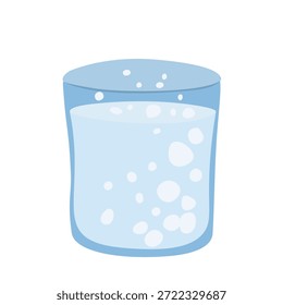 Ilustração de vetor plano de um vidro preenchido com água e bolhas de ar. Design limpo mínimo em tons de azul claro perfeito para projetos ecológicos, conceitos de hidratação, materiais de saúde e bem-estar