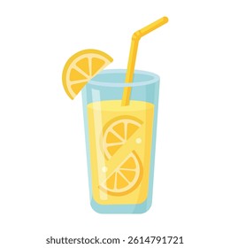 Flat vector illustration of a glass of fresh lemonade with straw and lemon slices, isolated on white background