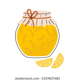 Ilustración vectorial plana de un frasco de vidrio con mermelada casera de limón. Postre tradicional dulce. Diseño aislado en un fondo blanco.