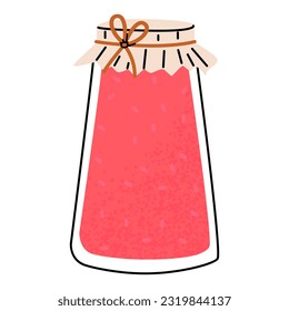 Flat vector illustration of a glass jar with homemade jam. Sweet traditional dessert. Isolated design on a white background.