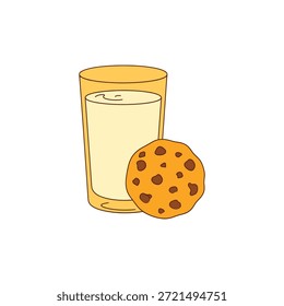Flat vector illustration of a glass of milk and a chocolate chip cookie. Perfect icon for sweet snacks, desserts, baking, or comfort food themes.