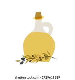 Ilustración vectorial plana de una botella de aceite de oliva de vidrio con ramas de oliva. Ilustraciones minimalistas de estilo mediterráneo adecuadas para la marca de alimentos, proyectos de cocina, diseño de envases, etiquetas, menús, decoración de cocina y elementos visuales de productos naturales.