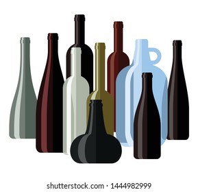 Flat vector illustration of glass packaging and glass recycling. Flat vector illustration of wine bottle without label.