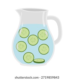 Ilustración vectorial plana de una jarra de vidrio llena de agua y rodajas de pepino. Diseño minimalista y limpio que representa la hidratación, el bienestar y las opciones de estilo de vida saludable.