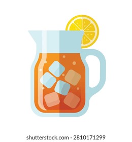 Flat Vector Illustration of a Glass Pitcher Filled with Fresh Iced Tea Lemonade and Ice Cubes