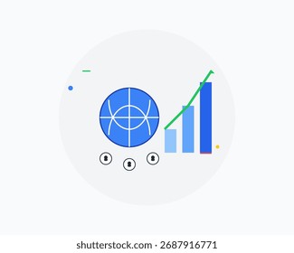 Flat vector illustration of global business concept with globe, growth chart, and people icons. Represents international trade, corporate success, and global collaboration.