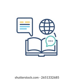 Flat vector illustration of global communication, education, and learning tools with blue and green tones.