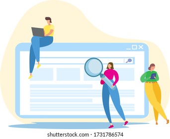 Flat vector illustration. Global search on the Internet. People are looking for information using a laptop. Search box. A girl is standing with a magnifier.