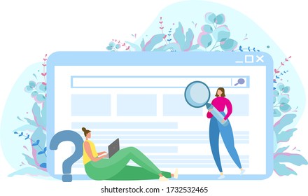 Flat vector illustration. Global search on the Internet. People are looking for information using a laptop. Search box. A girl is standing with a magnifier. Background from plants and leaves.