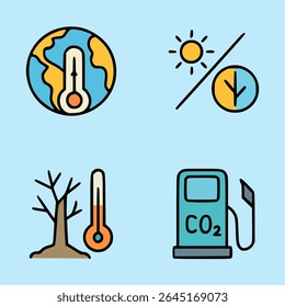 Flat vector illustration of global warming, carbon emissions, deforestation, and temperature rise on blue background