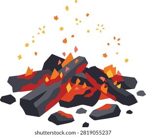 Flat vector illustration of glowing campfire coals with burning embers and scattered sparks. Ideal for camping, outdoor, survival, fire safety, nature, and adventure themed designs.