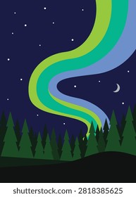 Flat vector illustration of glowing green aurora borealis northern lights over a pine forest silhouette with starry night sky and crescent moon.