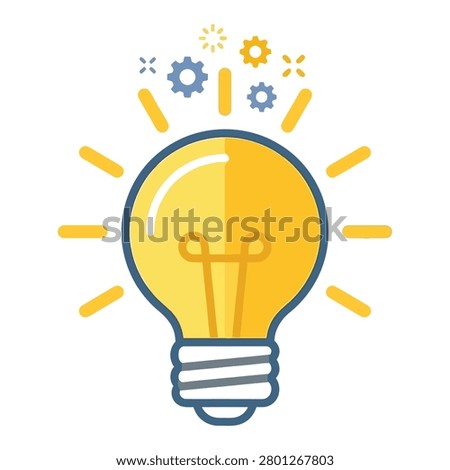 A flat vector illustration of a glowing yellow light bulb with blue and orange gears floating above, symbolizing innovation, creativity, and ideas.