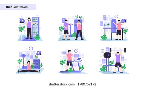 Flat vector illustration of go on a diet with regular exercise every day and maintain a healthy diet for landing page, ui, mobile app and website