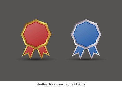 Flat vector illustration of gold and bronze medal suitable for design element of award medal, best prize badge, and winner symbol. Round Shape Badge with red and blue ribbons on a Dark Background.