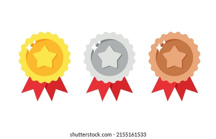 Flat vector illustration of gold, silver, and bronze medal with star. Suitable for design element of award medal, best prize badge, and winner symbol.