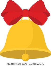 Flat Vector Illustration of Golden Christmas Bell with Red Ribbon Bow for Holiday Greeting Cards Winter Celebration Decoration and Festive Seasonal Design