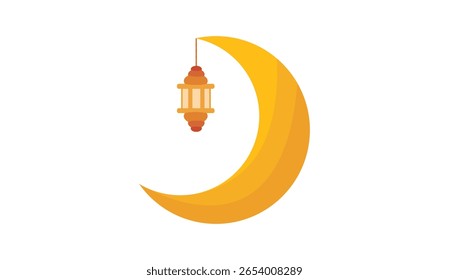 Flat vector illustration of a golden crescent moon with a traditional hanging lantern. Perfect for Ramadan, Eid Mubarak, and Islamic festive decorations.
