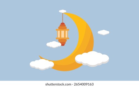 A flat vector illustration of a golden crescent moon with a traditional lantern hanging beneath it, surrounded by white clouds in the night sky. Ideal for Islamic celebrations, Ramadan and Eid Mubarak