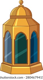 A flat vector illustration of a golden Islamic lantern with arched glass panels and dome