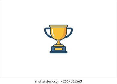 A flat vector illustration of a golden trophy cup with a modern and minimal design. The trophy has two wide handles, a shiny golden body, and a solid base in contrasting dark and teal colors.