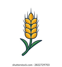 A flat vector illustration of a golden wheat stalk with green leaves isolated on a white background