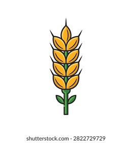 A flat vector illustration of a golden wheat ear with green stalk and leaves isolated on white background