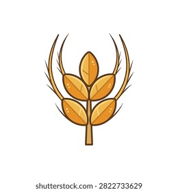 A flat vector illustration of a golden wheat stalk featuring symmetrical grain segments and curved decorative lines isolated on a plain background.