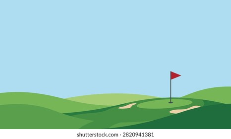 A flat vector illustration of a golf course putting green with a red flag, sand bunkers, and rolling hills under a clear blue sky.