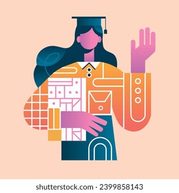 Flat vector illustration of a graduate student in a square academic cap, mortarboard, abstract minimalist banner. 