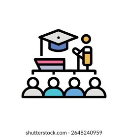 Ilustração vetorial plana de uma cerimônia de graduação com alunos em bonés. Design minimalista, linhas limpas e cores vibrantes em um fundo branco.