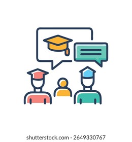 Ilustração vetorial plana de uma discussão de graduação, centrada em torno de três alunos e bolhas de conversação. Estilo gráfico limpo e moderno.