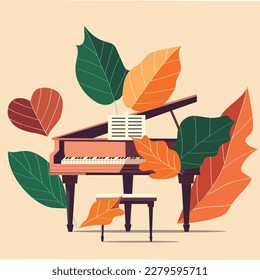 Flat vector illustration of a grand piano with giant leaves