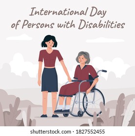 Flat vector illustration of a granddaughter congratulating her grandmother in a wheelchair. On December 3 international day of disabled persons. The concept of a banner or postcard in red colors.