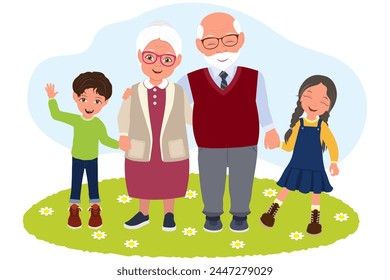Flat Vector Illustration of Grandparents and Grandchildren, Happy Family